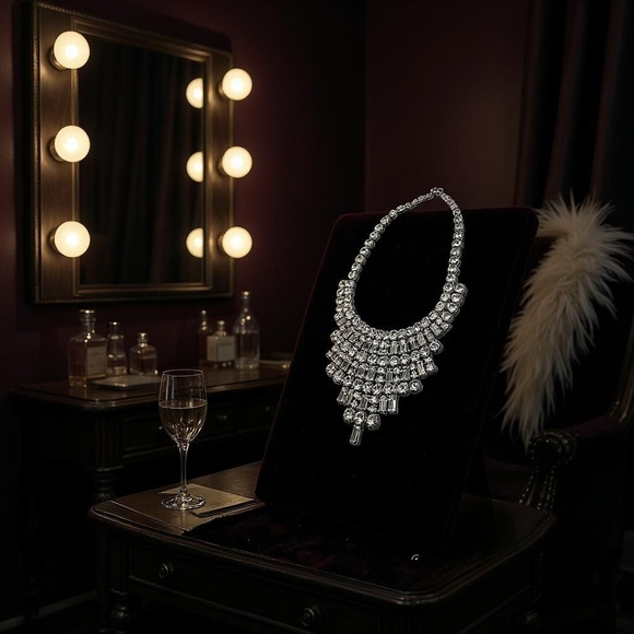 Vintage Jewelry - Vintage Silver Tone Emerald Cut & Round Cut Crystal Necklace